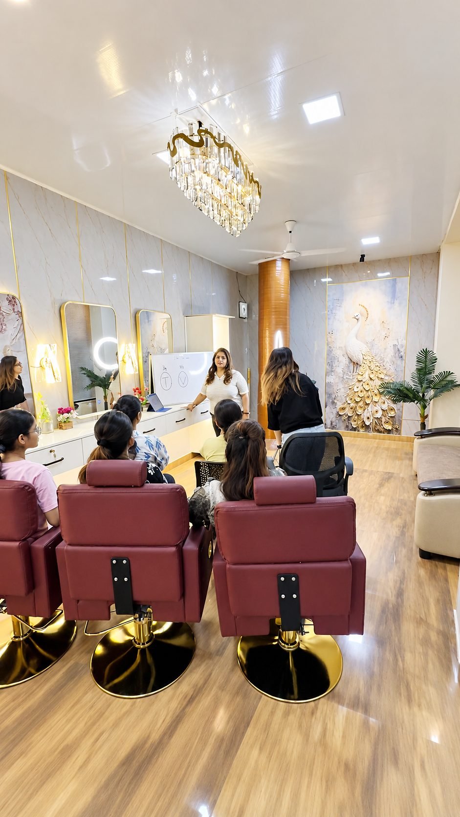 Students seated in the studio’s own salon chairs during a class.