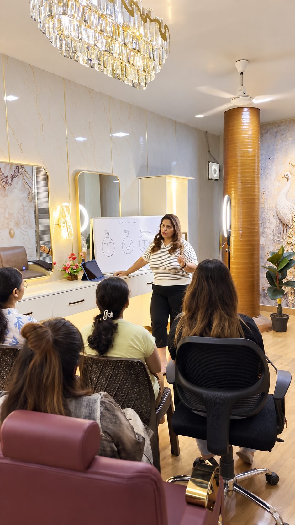 Bharti teaching a class at the whiteboard inside the working studio.