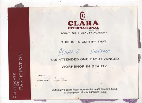 Clara International: One-day advanced workshop, Undated. Certificate naming Bharti Sharma.