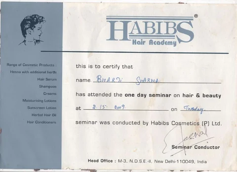 2009: Habibs Hair Academy, One-day seminar, awarded to Bharti.
