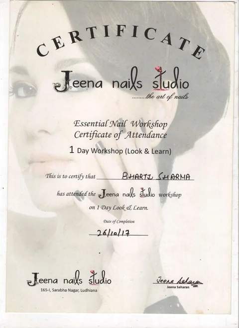 2017 certificate from Jeena Nails Studio
