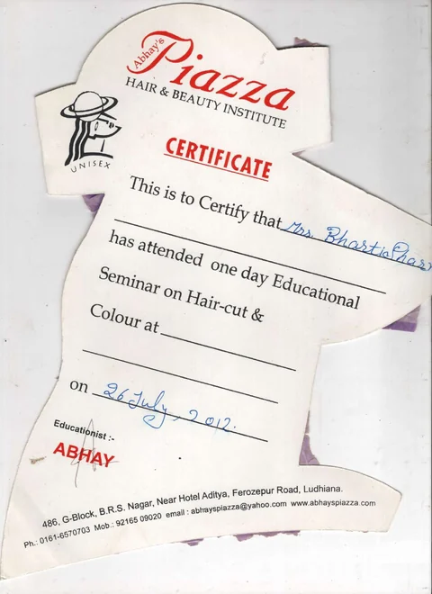 2012 certificate from Piazza Hair & Beauty Institute