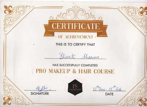 Priyanka Sethi: Pro makeup & hair course, Year not recorded. Certificate naming Bharti Sharma.