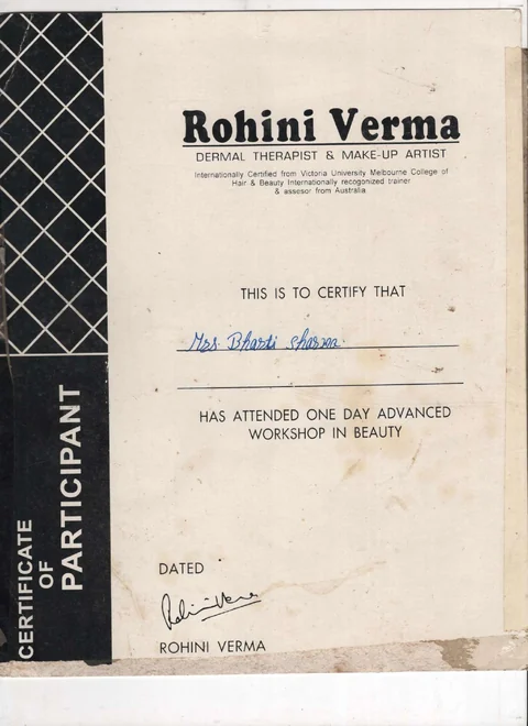 Rohini Verma: One-day advanced workshop, Undated. Certificate naming Bharti Sharma.