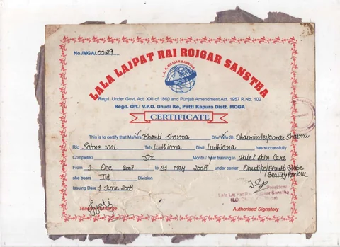 2007–08 certificate from Lala Lajpat Rai Rojgar Sanstha