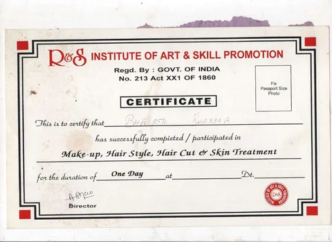 R&S Institute: One-day course / participation, Undated. Certificate naming Bharti Sharma.
