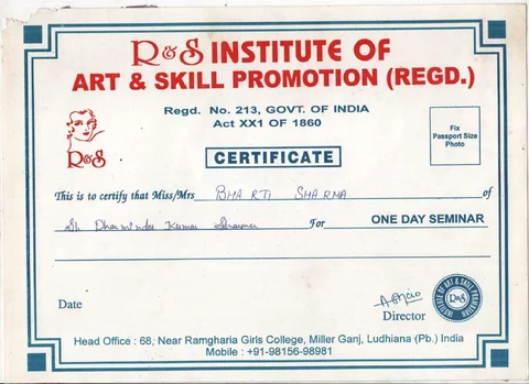R&S Institute: One-day seminar, Undated. Certificate naming Bharti Sharma.