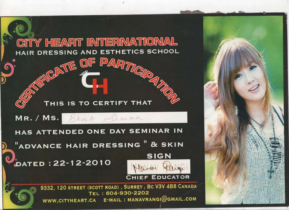 Bharti Sharma’s City Heart International certificate from Surrey, Canada, dated 22 December 2010.
