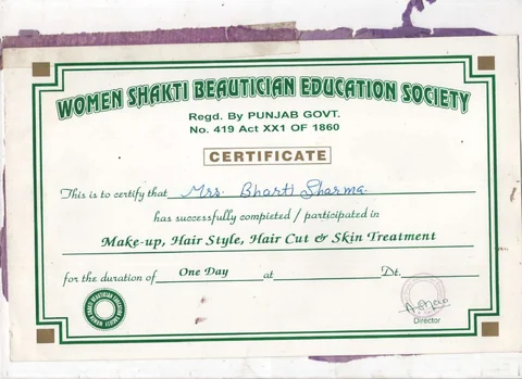 Women Shakti Beautician Education Society: One-day course / participation, Undated. Certificate naming Bharti Sharma.