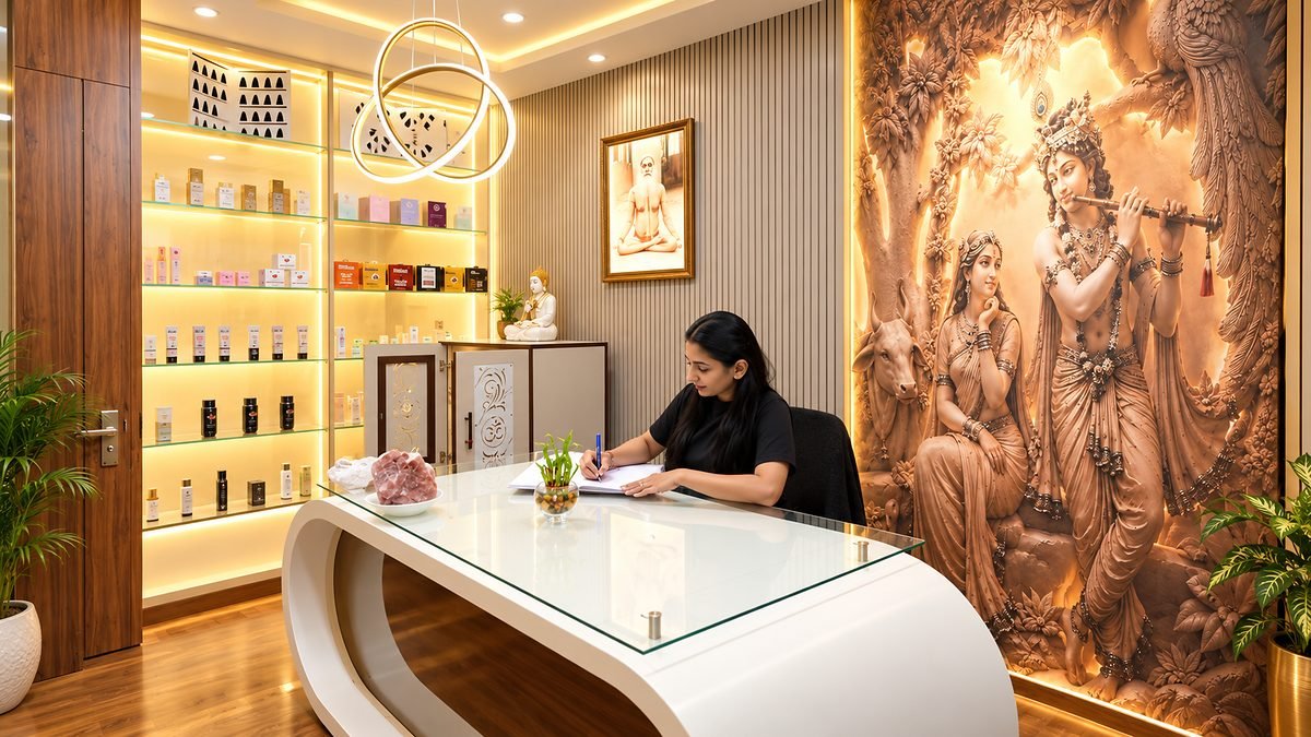 The white reception desk in front of the mural wall, staffed and lit.